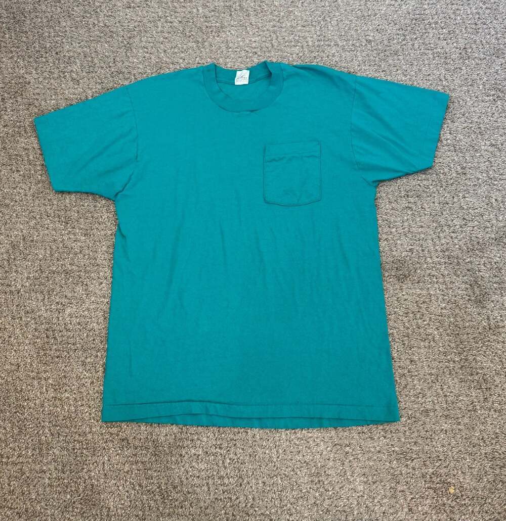 Vintage 80s Blank Teal Plain USA Made Men's Small Selvedge Pocket Retro T Shirt